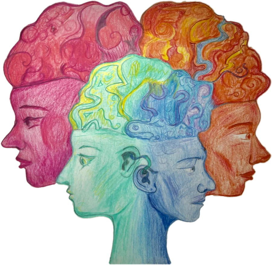 Colorful pencil drawing by Emma of three profile heads, one pink, one teal and blue, one orange, each with a different swirl of thoughts